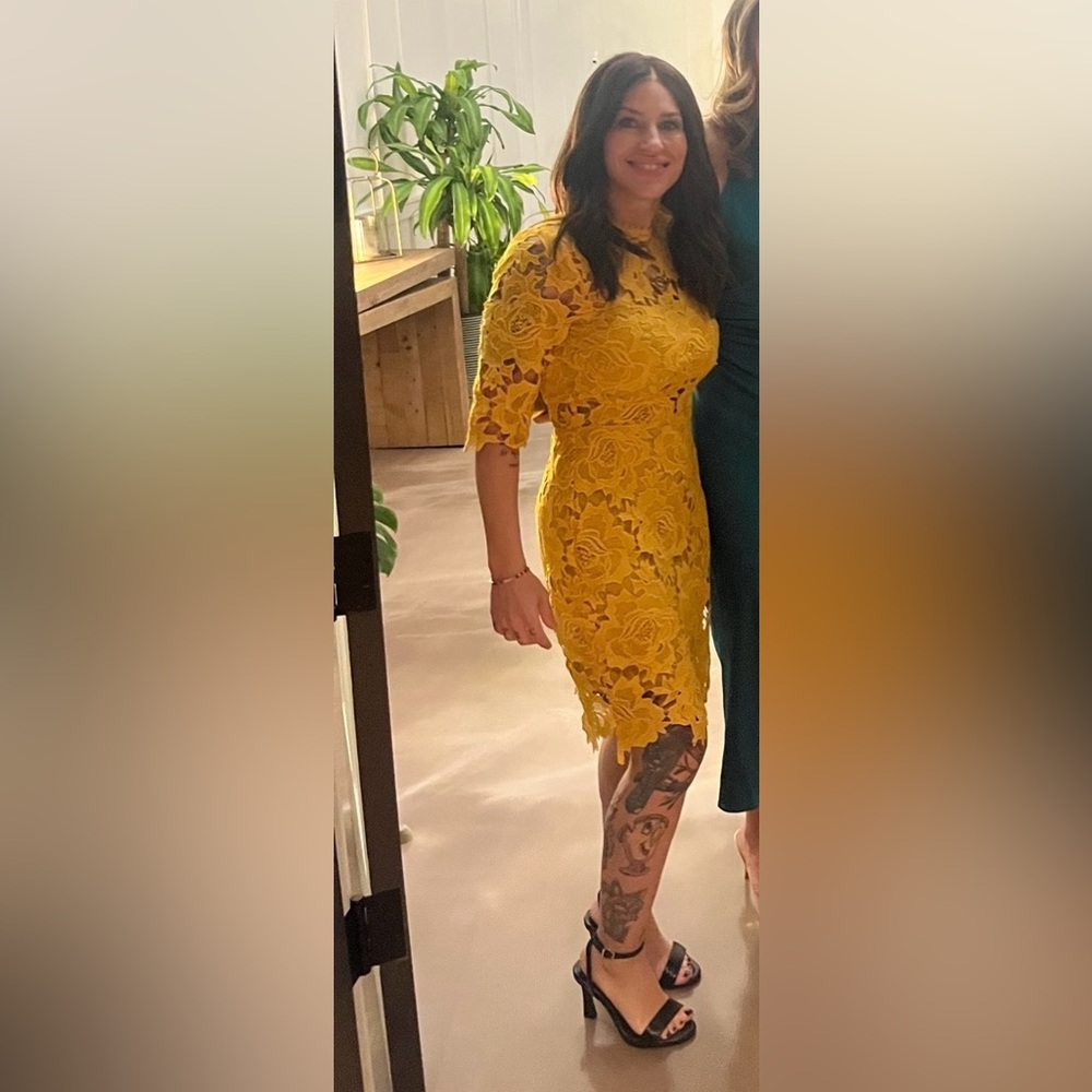 Lulu's Gold Sheath Dress with Bell Sleeves for Wedding Guest